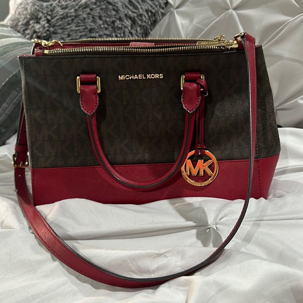 Michael Kors purse deep red and brown with gold accents